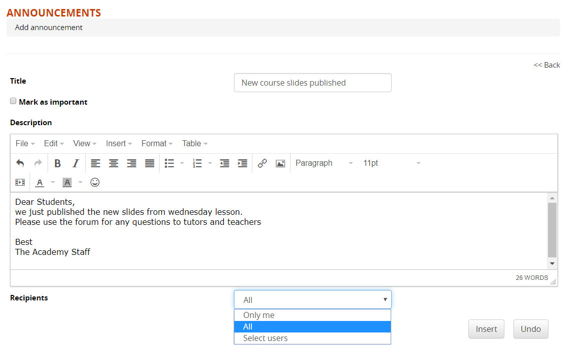 coursefe announcements insert